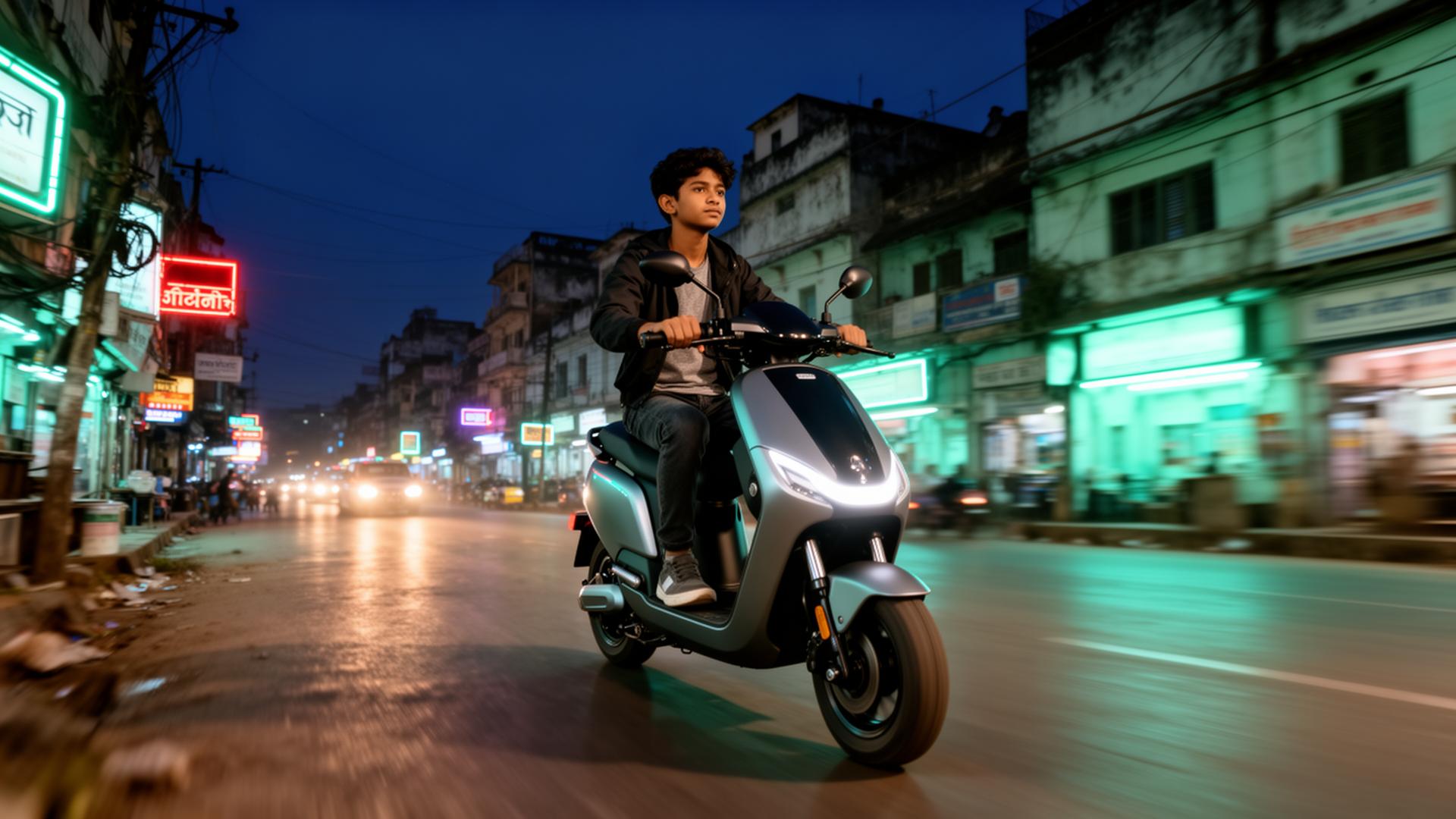 Young rider on an Empelin EV scooter through a neon city street